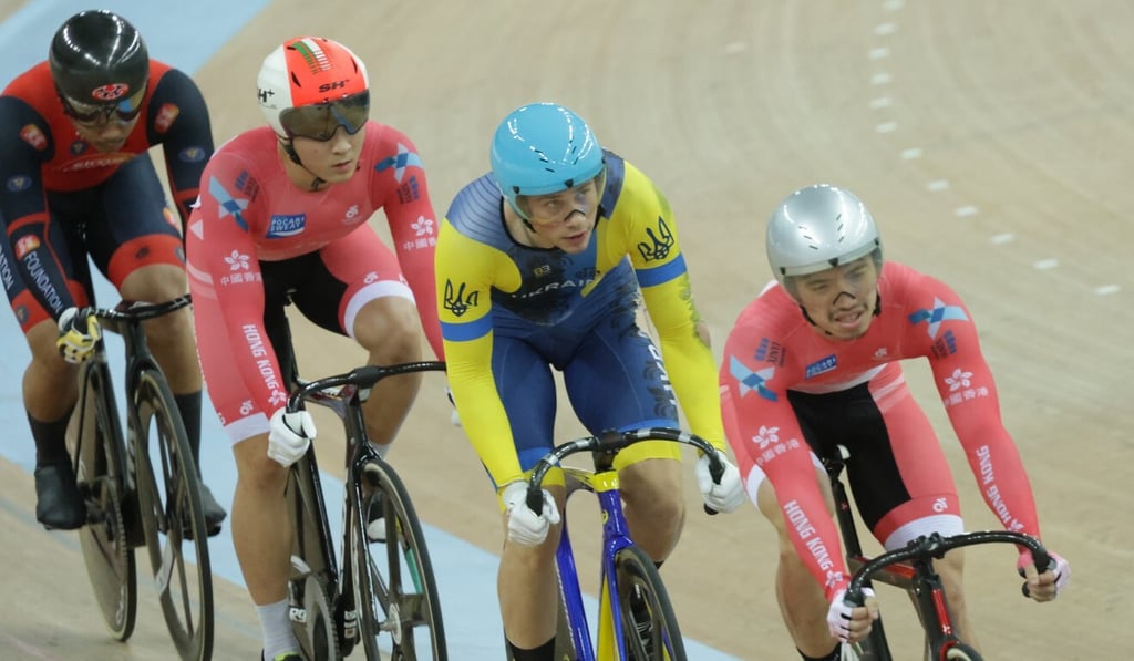 Hong Kong track cyclists Law Tsz-chun and To Cheuk-hei in the men's keirin first round repechage at the UCI Track Cycling Nations Cup at the Hong Kong Velodrome in Tseung Kwan O. Photo: SCMP / May Tse