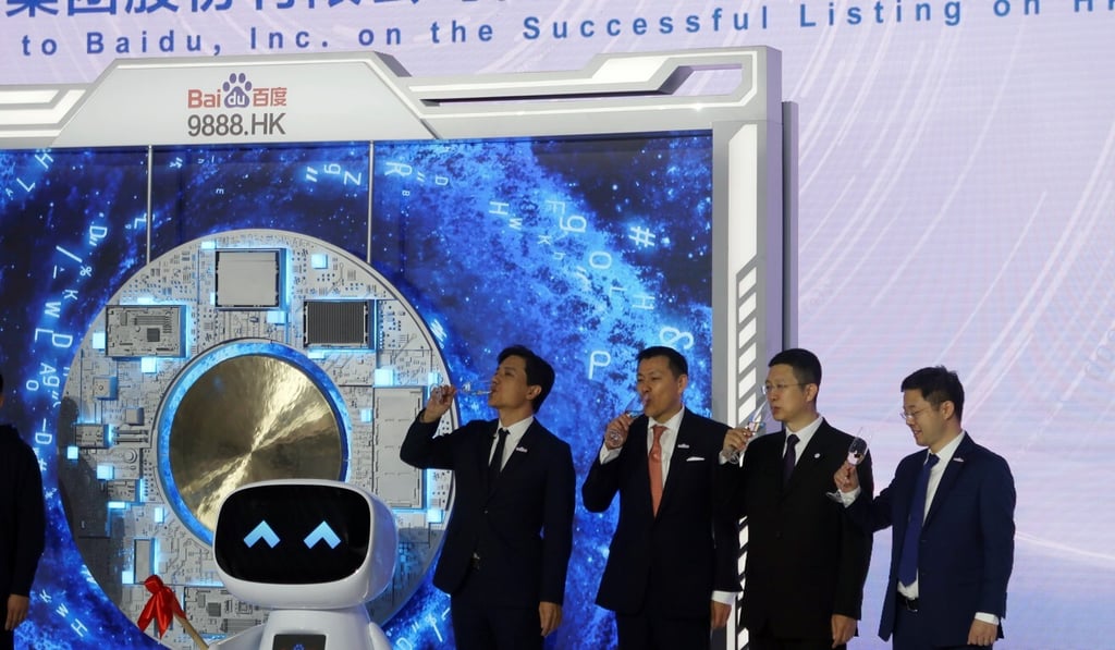 Baidu Inc's Chairman and Chief Executive Officer Robin Li Yanhong (L) attends an event marking the company's listing on Hong Kong Stock Exchange, at its headquarters in Beijing, China March 23, 2021. Photo: Reuters Baidu Inc's Chairman and Chief Executive Officer Robin Li Yanhong (L) attends an event marking the company's listing on Hong Kong Stock Exchange, at its headquarters in Beijing, China March 23, 2021. Photo: Reuters