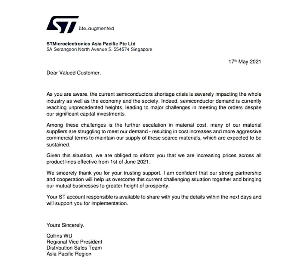 A screenshot of the STMicroelectronics letter circulating on Chinese social media. Photo: Handout
