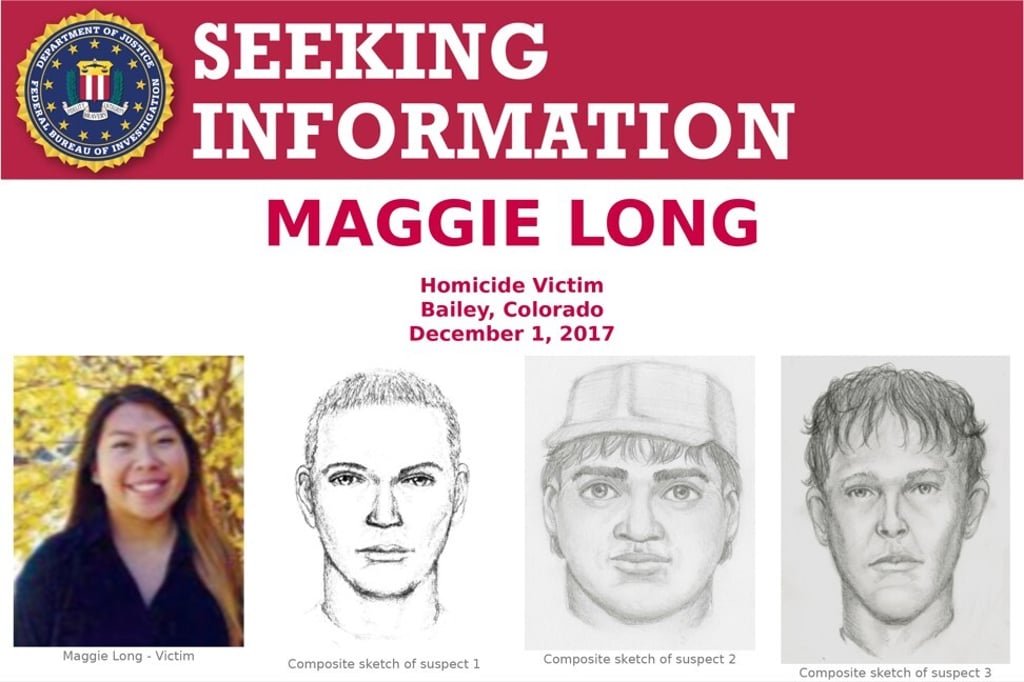 This FBI poster shows victim Maggie Long, left, and composite sketches of at least three men they were believed involved in her 2017 death. Photo: AP