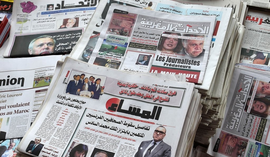 Newspapers in Rabat in August 2015 carried cover stories on the two French journalists who allegedly tried to blackmail the king of Morocco. Photo: AFP Newspapers in Rabat in August 2015 carried cover stories on the two French journalists who allegedly tried to blackmail the king of Morocco. Photo: AFP