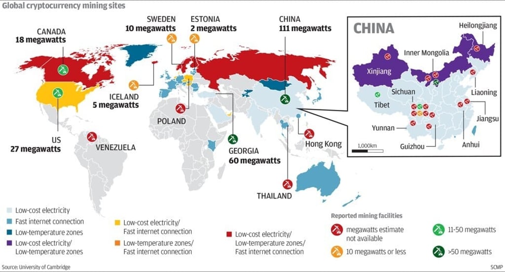 Locations of the world’s major cryptocurrency mining operations as of 2018. SCMP Graphics