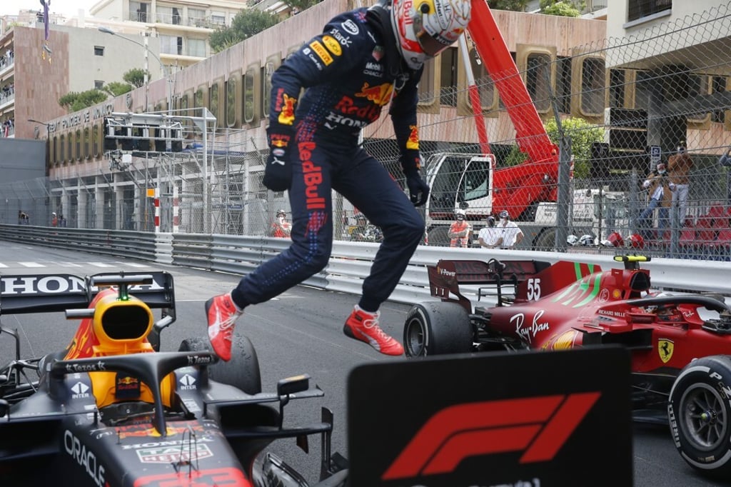 Red Bull driver Max Verstappen jumps out of his car after winning the Monaco Grand Prix on Sunday. Photo: Sebastien Nogier via AP
