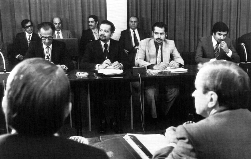 Oil ministers of six Persian Gulf countries and representatives of Western nations meet in Vienna, Austria, on October 8, 1973, to negotiate prices. Opec imposed an oil embargo later that month aimed at undermining support for Israel in the wake of the Yom Kippur war. Photo: AP