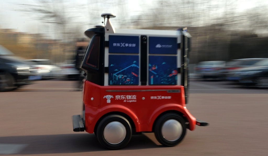 A driverless delivery vehicle belonging to Chinese e-commerce company JD.com during a test operation at the Sino-Singapore Tianjin Eco-City in Tianjin, China, on January 18, 2018. Photo: AFP A driverless delivery vehicle belonging to Chinese e-commerce company JD.com during a test operation at the Sino-Singapore Tianjin Eco-City in Tianjin, China, on January 18, 2018. Photo: AFP