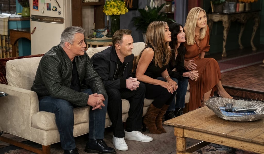 (From left) Matt LeBlanc, Matthew Perry, Jennifer Aniston, Courteney Cox and Lisa Kudrow in Friends: The Reunion reliving “The One with the Embryos” episode. Photo: HBO Max (From left) Matt LeBlanc, Matthew Perry, Jennifer Aniston, Courteney Cox and Lisa Kudrow in Friends: The Reunion reliving “The One with the Embryos” episode. Photo: HBO Max
