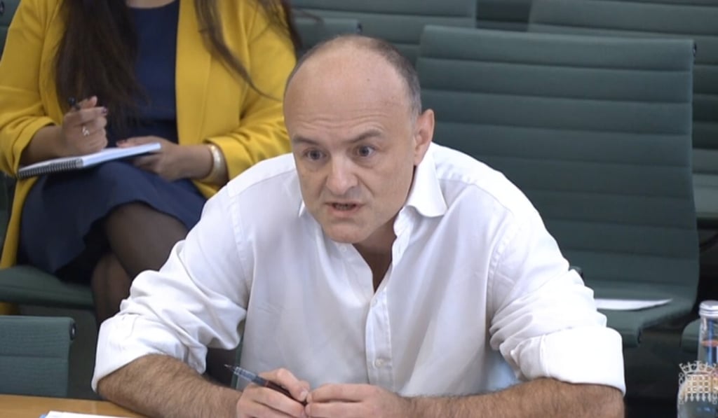 A frame grab from video provided by the UK Parliament shows Dominic Cummings giving evidence to the committee in London on Wednesday. Photo: UK Parliamentary Recording Unit handout via EPA-EFE
