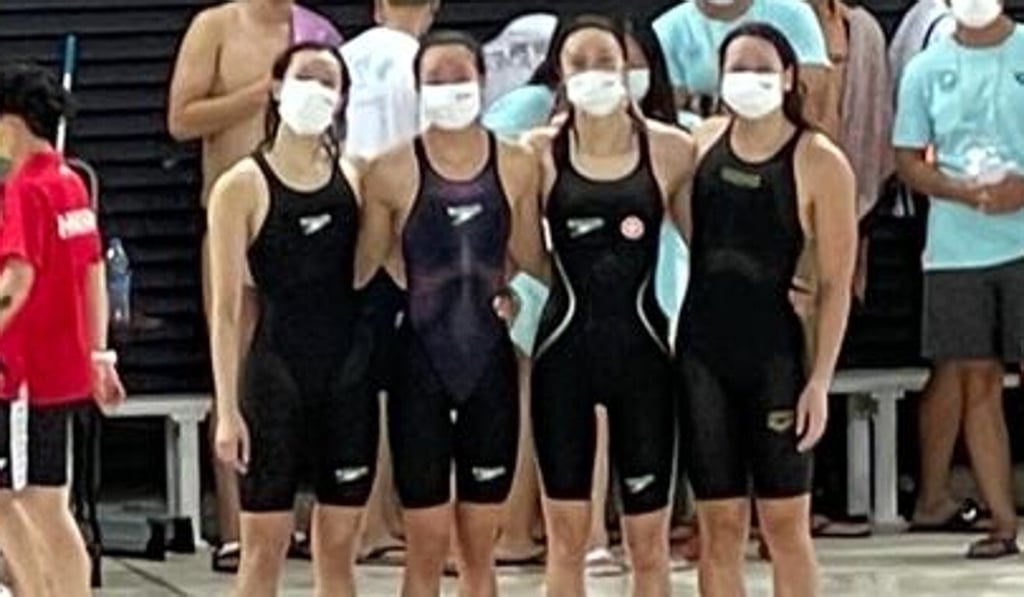 Hong Kong women's 4 x 100m medley relay team pose for photos after qualifying for the Tokyo Olympics. Photo: Chan Kin-wa