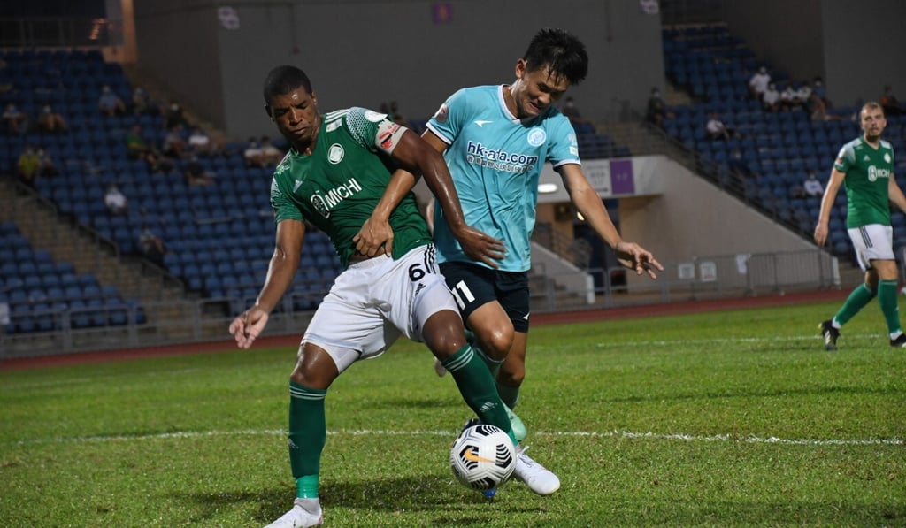 Happy Valley’s Luciano da Silva battles with Lam Hok-hei of Rangers. Photo: HKFA Happy Valley’s Luciano da Silva battles with Lam Hok-hei of Rangers. Photo: HKFA