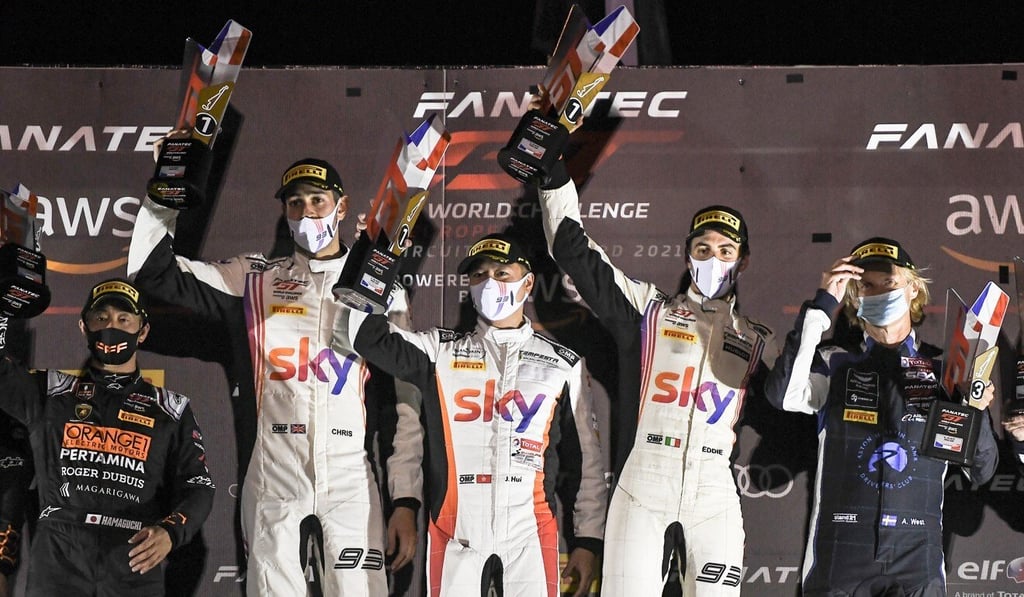 Sky Tempesta Racing teammates Chris Froggatt, Jonathan Hui and Eddie Cheever III finish on top of the podium in Le Castellet, France. Photo: FotoSpeedy Sky Tempesta Racing teammates Chris Froggatt, Jonathan Hui and Eddie Cheever III finish on top of the podium in Le Castellet, France. Photo: FotoSpeedy