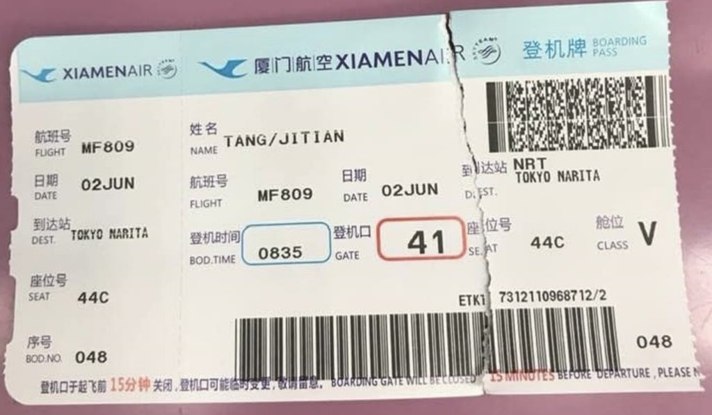 Tang Jitian says airline staff tore up his boarding pass after he was barred from the flight. Photo: Handout