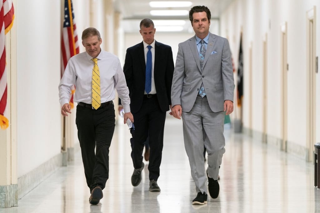 Jim Jordan and Matt Gaetz walk while former White House counsel Don McGahn appears before the House Judiciary Committee on Capitol Hill in Washington, US on Friday. Photo: Reuters