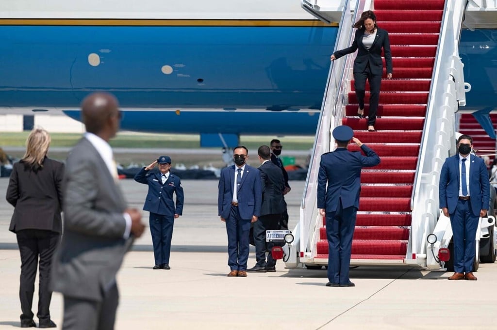 US vice-president Kamala Harris walks off Air Force Two in Maryland, US on Sunday after her plane was forced to return to base due to a technical issue. Photo: AFP