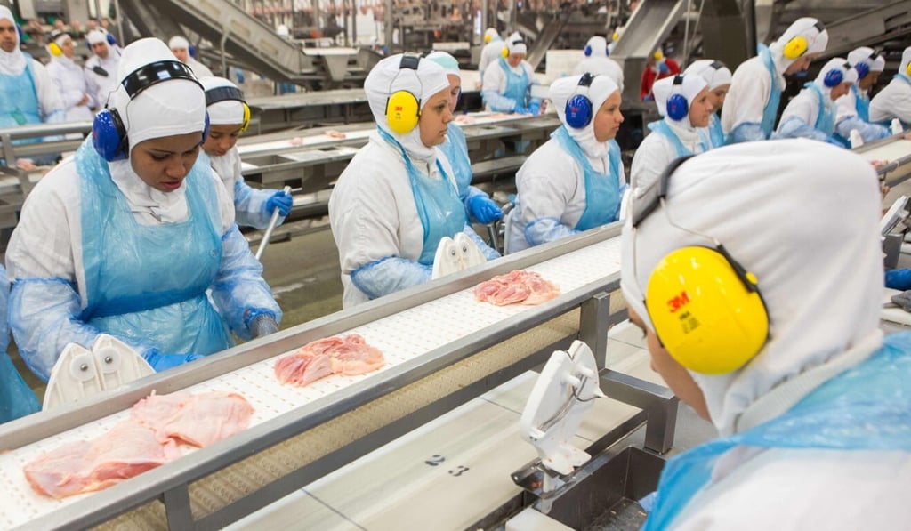 Workers on a production line at a JBS-Friboi chicken processing plant in Brazil. File photo: AFP