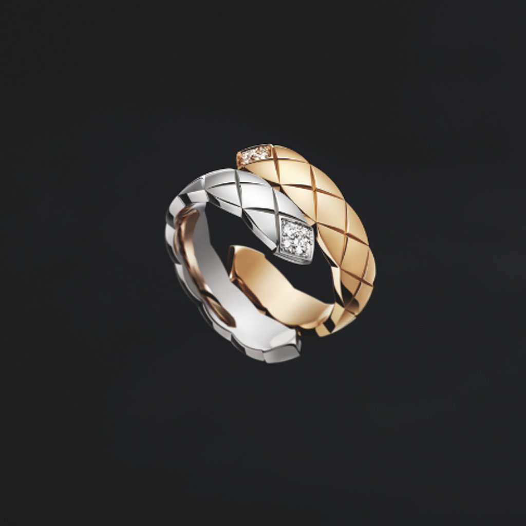 One of the large versions of the Coco Crush Toi et Moi ring combines white and beige gold, etched with the maison’s signature quilted pattern and set with eight diamonds. Photo: Chanel One of the large versions of the Coco Crush Toi et Moi ring combines white and beige gold, etched with the maison’s signature quilted pattern and set with eight diamonds. Photo: Chanel