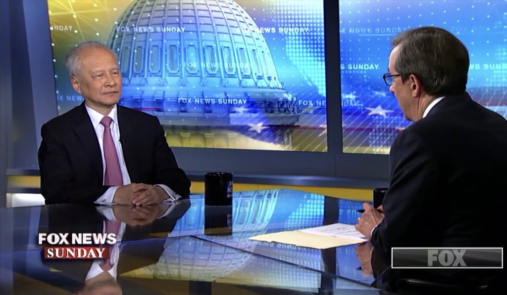 Cui being interviewed on “Fox News Sunday” in October 2018. In the difficult era of the Donald Trump presidency, the ambassador used his connections to establish dialogue with the administration. Photo: Fox News Cui being interviewed on “Fox News Sunday” in October 2018. In the difficult era of the Donald Trump presidency, the ambassador used his connections to establish dialogue with the administration. Photo: Fox News