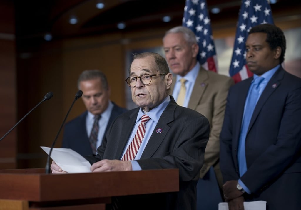 House Judiciary Committee Chair Jerrold Nadler – joined by, from left, Representative David Cicilline, a Democrat from Rhode Island and chairman of the antitrust subcommittee, Representative Ken Buck, a Republican from Colorado and the ranking member of the antitrust subcommittee, and Representative Joe Neguse, a Democrat from Colorado – speaks to reporters about antitrust bills on June 16. Photo: AP House Judiciary Committee Chair Jerrold Nadler – joined by, from left, Representative David Cicilline, a Democrat from Rhode Island and chairman of the antitrust subcommittee, Representative Ken Buck, a Republican from Colorado and the ranking member of the antitrust subcommittee, and Representative Joe Neguse, a Democrat from Colorado – speaks to reporters about antitrust bills on June 16. Photo: AP