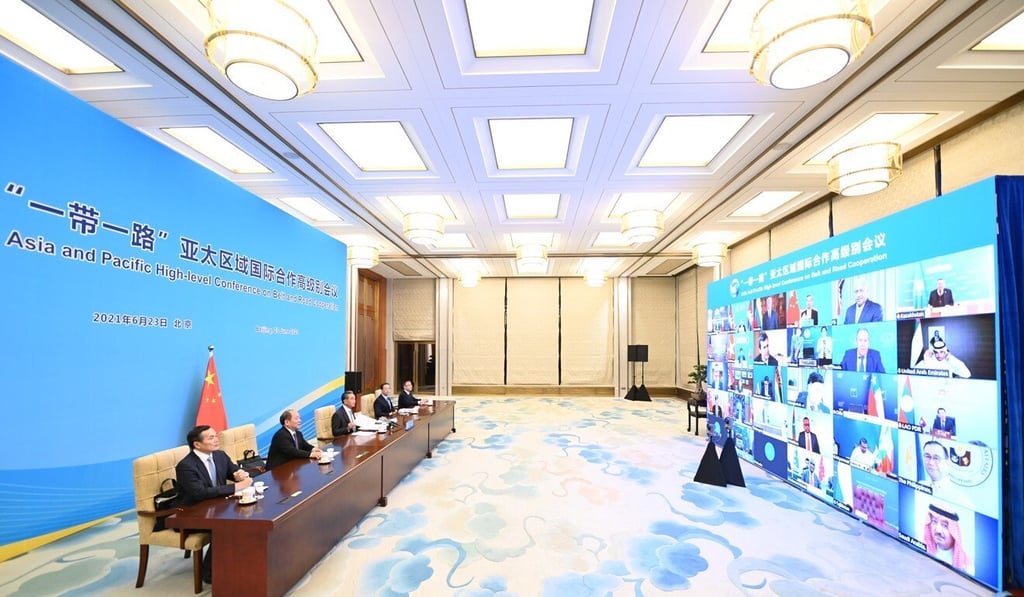 Chinese Foreign Minister Wang Yi presides over the Asia and Pacific High-level Conference on Belt and Road Cooperation via video link in Beijing on Thursday. Photo: Xinhua