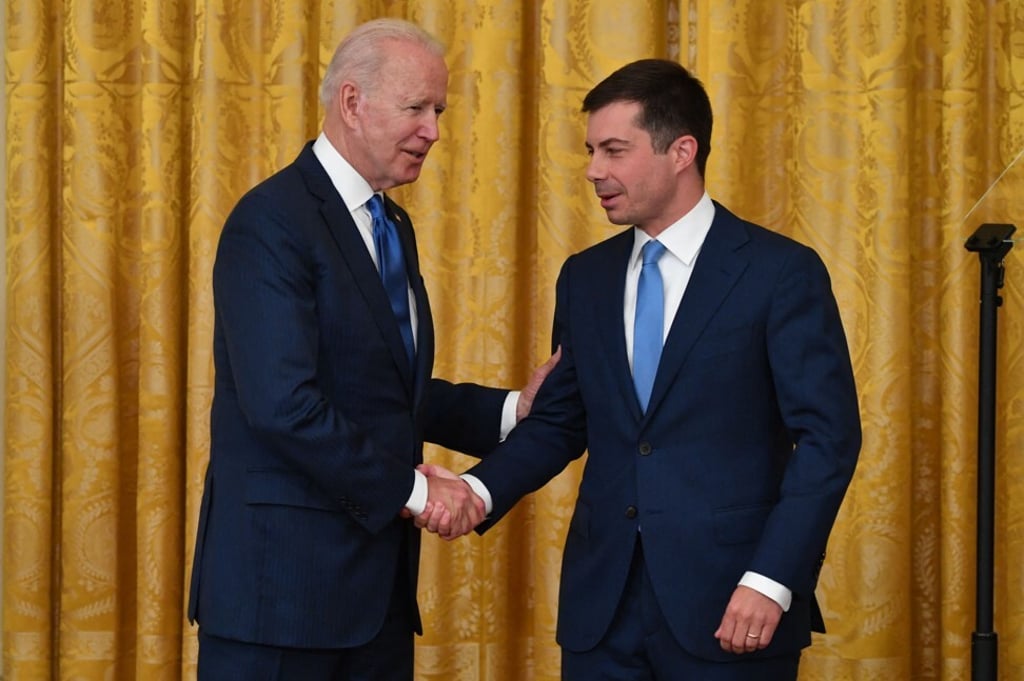 US President Joe Biden and Pete Buttigieg during an event to commemorate Pride Month at the White House on Friday. Photo: AFP