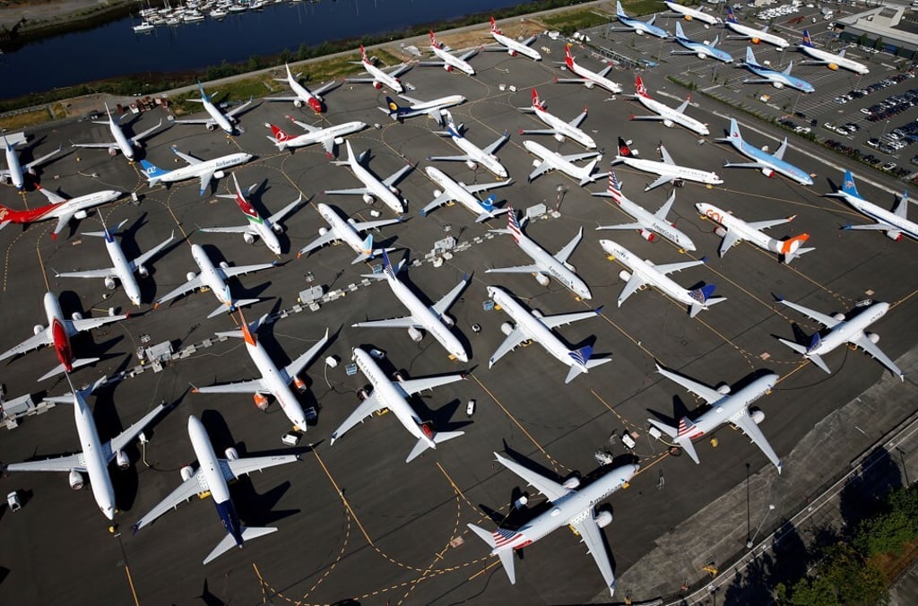 An aerial photograph of dozens of grounded Boeing 737 MAX aircraft at the Boeing Field in Seattle of Washington state on July 1, 2019. Photo: Reuters