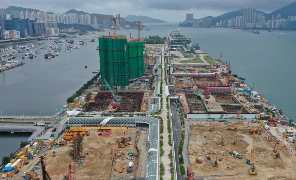 View of the Kai Tak Sky Garden (centre), a 1.4-kilometre public space that runs the length of the former airport runway, jutting into Victoria Harbour, as of May 31, 2021. One Victoria is under construction on the left. Photo: Winson Wong