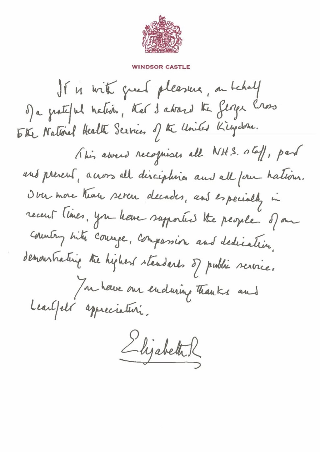 A copy of Queen Elizabeth’s handwritten message in support of the George Cross award to Britain’s National Health Service workers. Photo: Buckingham Palace via AP
