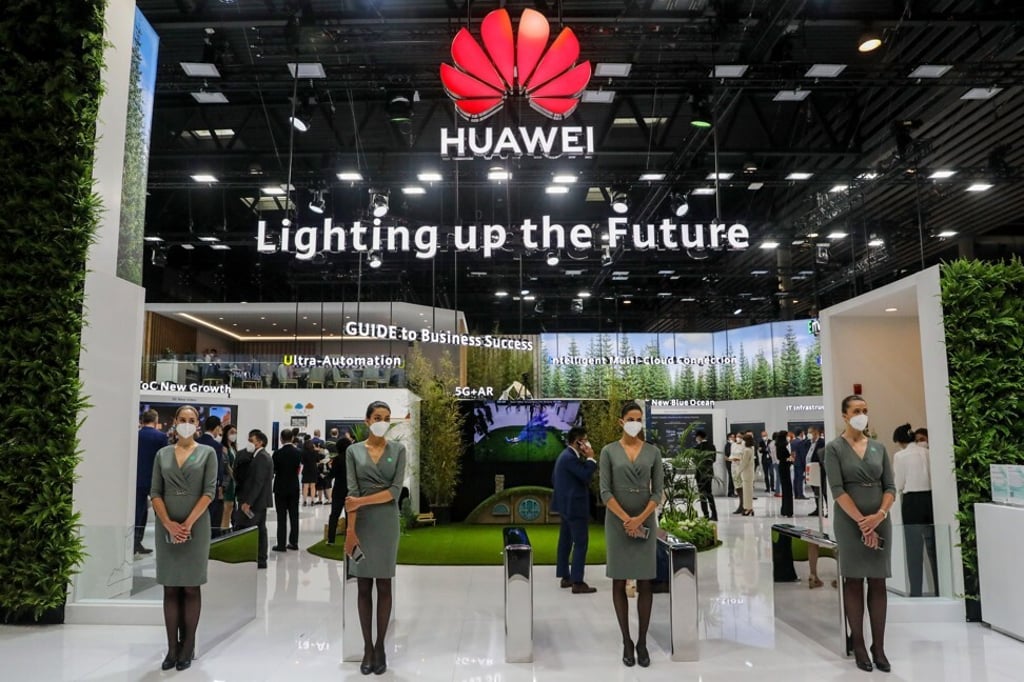 Workers wait for attendees by the entrance to the private Huawei Technologies Co pavilion on the opening day of the MWC Barcelona trade show in Barcelona, Spain, on June 28, 2021. Photo: Bloomberg Workers wait for attendees by the entrance to the private Huawei Technologies Co pavilion on the opening day of the MWC Barcelona trade show in Barcelona, Spain, on June 28, 2021. Photo: Bloomberg