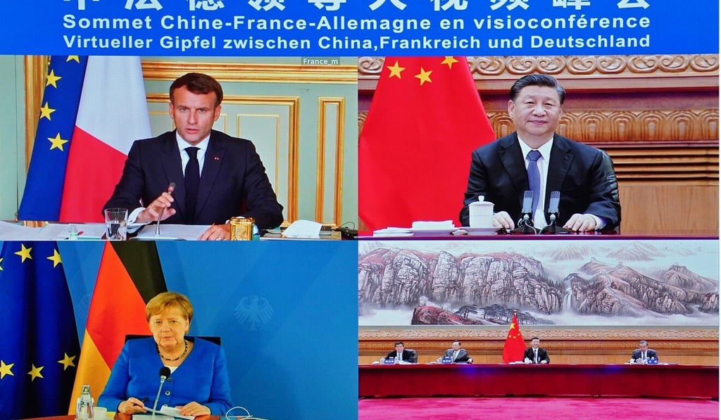 Emmanuel Macron, Xi Jinping and Angela Merkel meet by video link on Monday. Photo: Xinhua