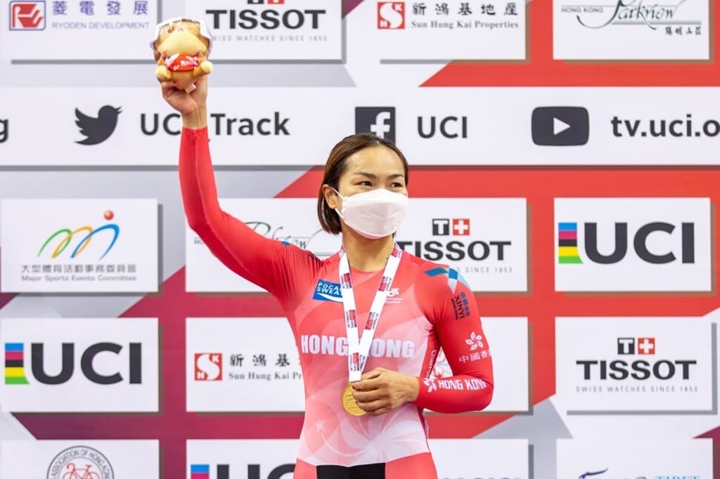 Sarah Lee on the podium after winning the sprint final at the UCI Track Cycling Nations Cup in the Hong Kong in May. Photo: Cycling Association of Hong Kong Sarah Lee on the podium after winning the sprint final at the UCI Track Cycling Nations Cup in the Hong Kong in May. Photo: Cycling Association of Hong Kong