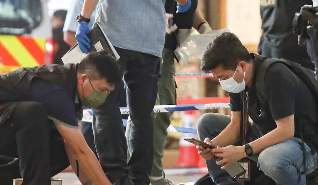 Police at the scene of the ‘lone-wolf’ attack, where a man stabbed a constable in a busy shopping district, earlier this month. Photo: Xiaomei Chen