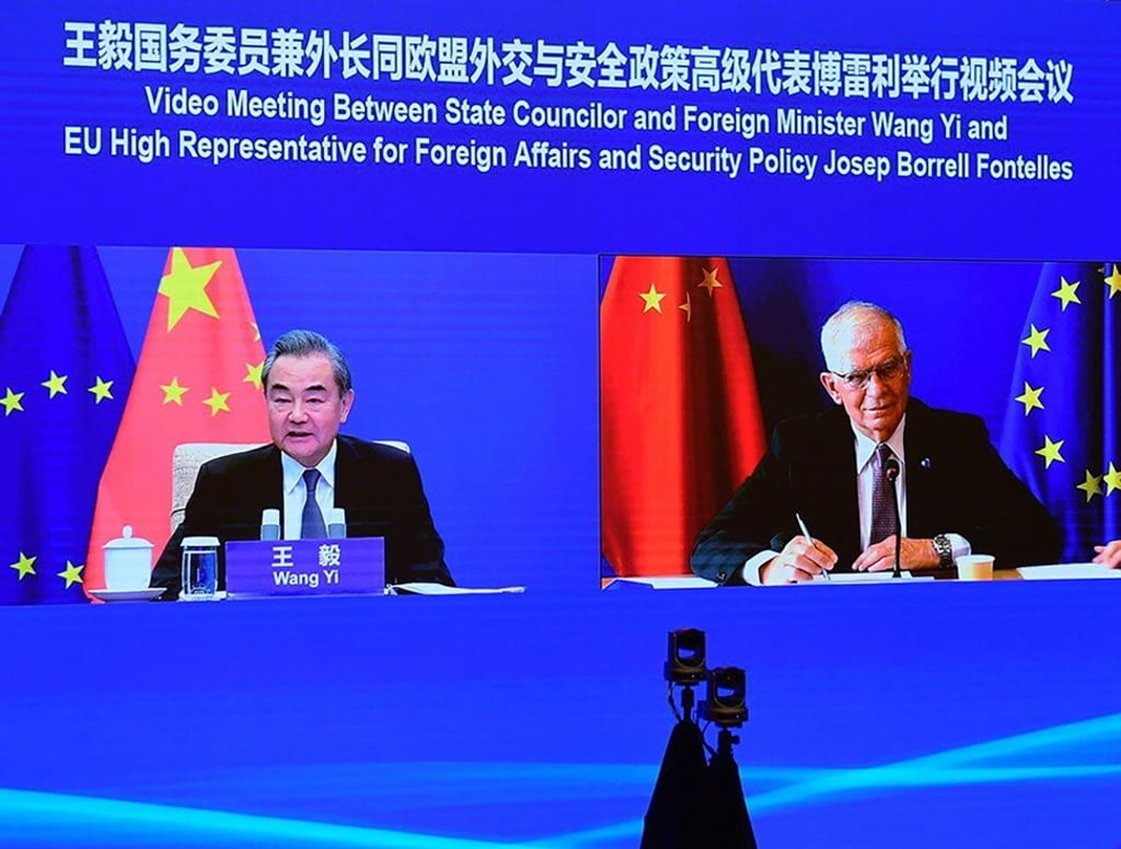 Chinese Foreign Minister Wang Yi and EU foreign policy chief Josep Borrell meet by video link on Thursday. Photo: Handout Chinese Foreign Minister Wang Yi and EU foreign policy chief Josep Borrell meet by video link on Thursday. Photo: Handout