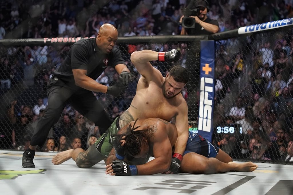 Tai Tuivasa lands some shots on the ground to finish Greg Hardy.