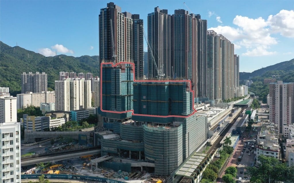 New World Development’s The Pavilia Farm residential property project atop the Tai Wai subway station on July 8, 2021. Towers 1 and 8 earmarked for demolition are highlighted in red. Photo: Sam Tsang