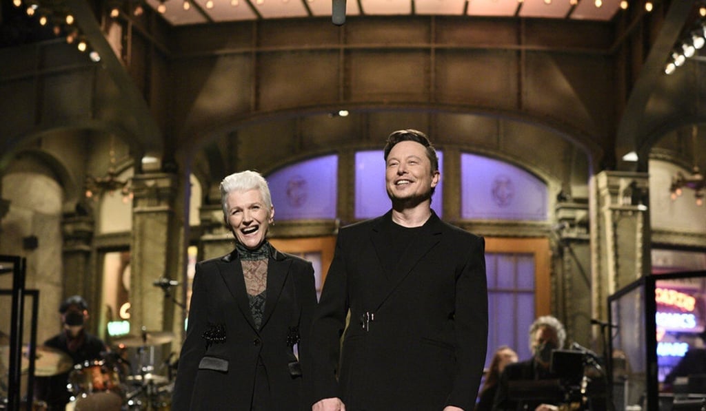 Saturday Night Live host Elon Musk with his mother Maye during the monologue on Saturday, May 8, 2021. Photo: Handout