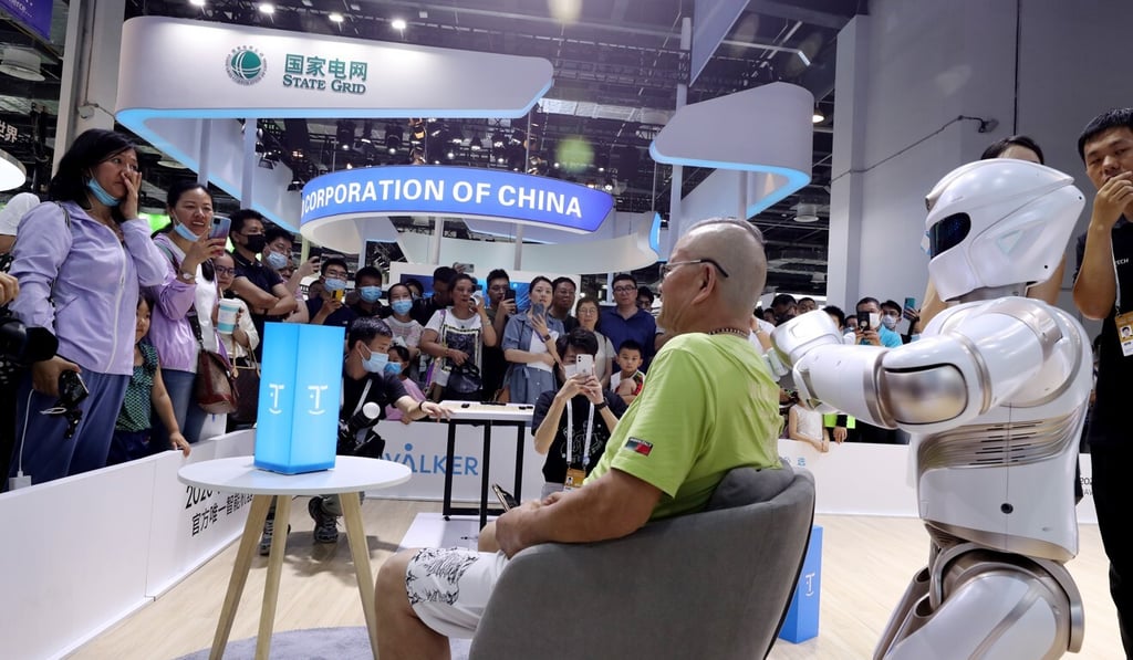 A robot massaged an attendee at the 2021 World Artificial Intelligence Conference in Shanghai on July 8, 2021. In Washington on Tuesday, Biden administration officials stressed a need not to let China to dominate the AI sector. Photo: Xinhua