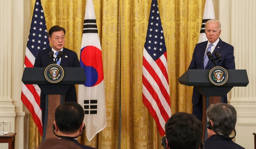 South Korean President Moon Jae-in and US President Joe Biden hold a joint press conference at the White House on May 21, 2021. Photo: AP South Korean President Moon Jae-in and US President Joe Biden hold a joint press conference at the White House on May 21, 2021. Photo: AP