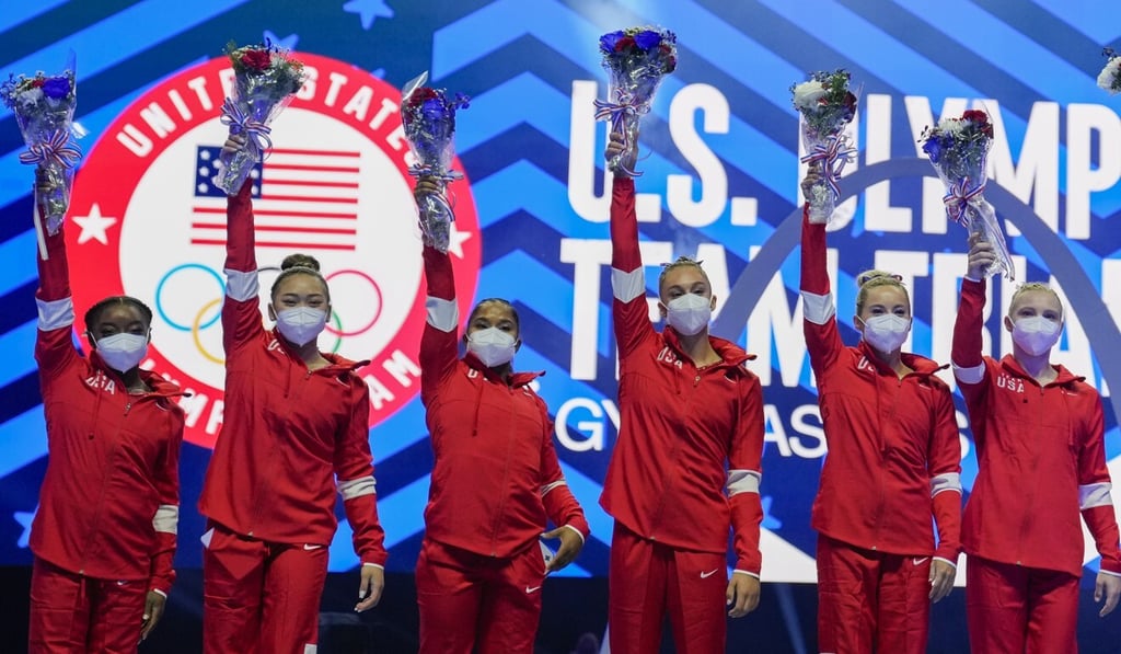 Members of the US Women's Olympic Gymnastic Team celebrate after completing trials last month. Photo: AP Members of the US Women's Olympic Gymnastic Team celebrate after completing trials last month. Photo: AP