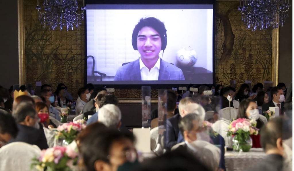 Dylan Fischer speaks at the awards ceremony via videoconferencing. Photo: Edmond So