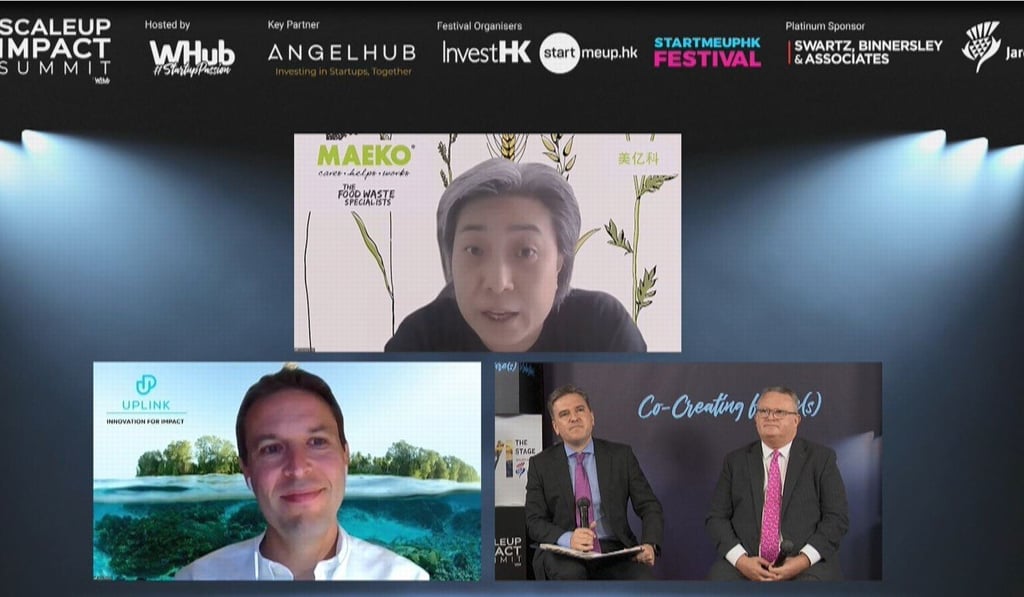 (From left) John Dutton, head of UpLink at the World Economic Forum; Chelsea Chee, founder of composting start-up Maeko; Stephen Engle, chief North Asia correspondent at Bloomberg; and Stephen Phillips, director-general of investment promotion at InvestHK, discussed the topic of “Purpose, Innovation and a Sustainable Future” during the Scaleup Impact Summit.