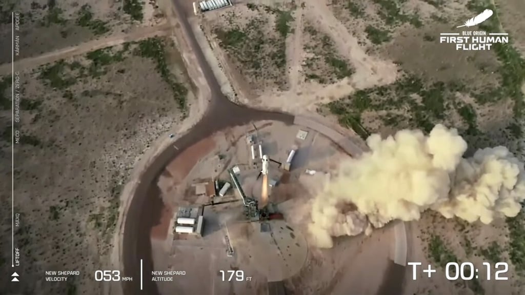 The Blue Origin New Shepard lifts off with Jeff Bezos, Mark Bezos, Wally Funk and Oliver Daemen from Texas. Photo: EPA-EFE The Blue Origin New Shepard lifts off with Jeff Bezos, Mark Bezos, Wally Funk and Oliver Daemen from Texas. Photo: EPA-EFE