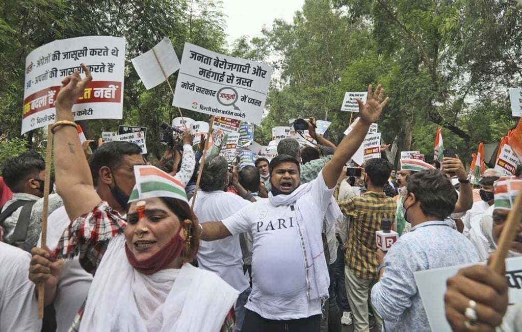 Congress party workers in New Delhi shout slogans during a protest accusing PM Narendra Modi’s government of spying on political opponents, journalists and activists. Photo: AP