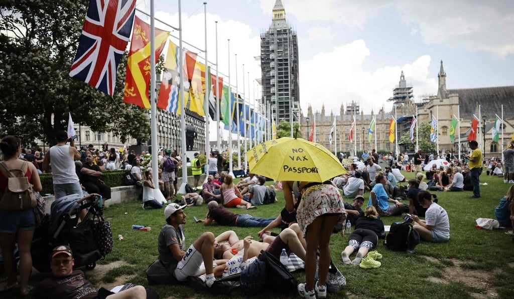 Anti-vaccination protesters gather outside the Houses of Parliament in central London earlier this month. Photo: AFP Anti-vaccination protesters gather outside the Houses of Parliament in central London earlier this month. Photo: AFP