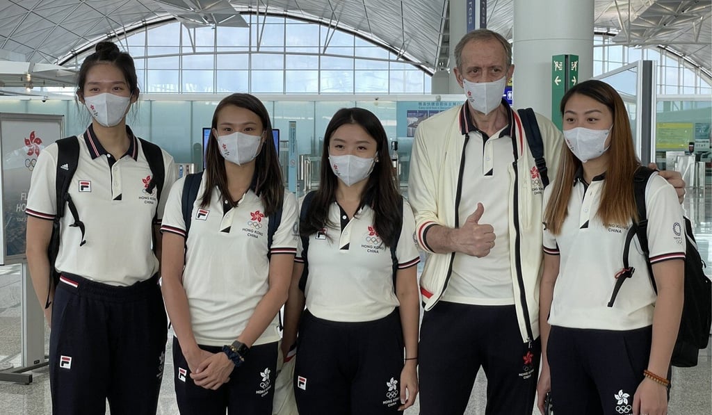 The women's épée team for Tokyo. From left: Vivian Kong, Lin Yik-hei, Chu Ka-mong, coach Octavian Zidaru and Kaylin Hsieh. Photo: Chan Kin-wa
