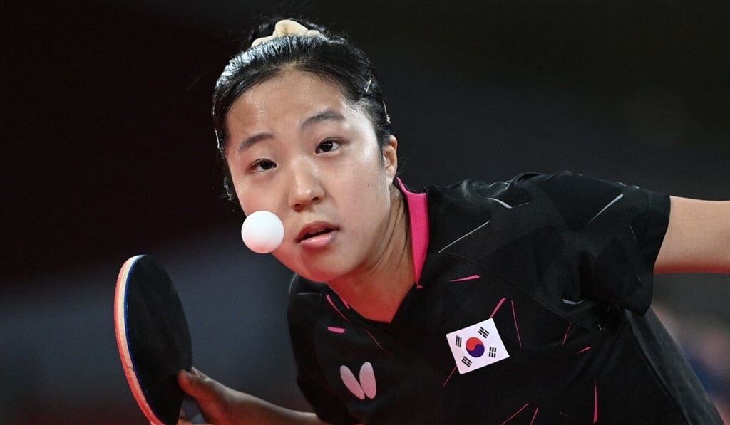 South Korea's Shin Yu-bin competes against the women's singles round three table tennis match against Doo at the Tokyo Metropolitan Gymnasium. Photo: AFP