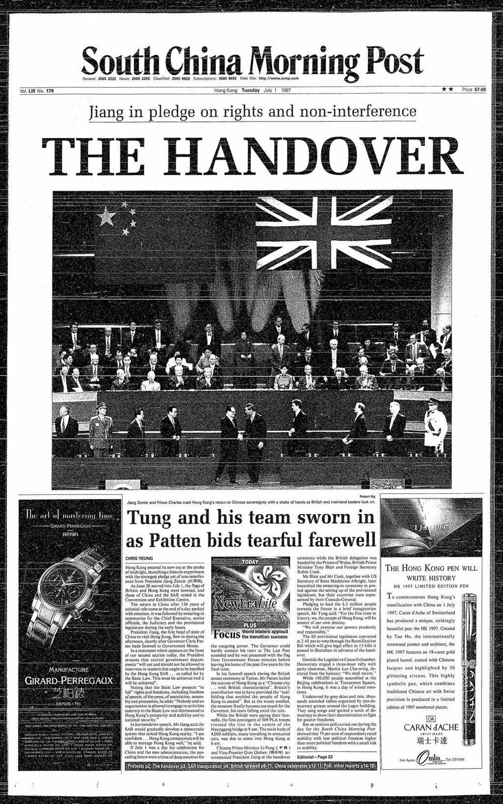Front page of the Post on July 1, 1997, when Hong Kong officially returned to China. Photo: SCMP