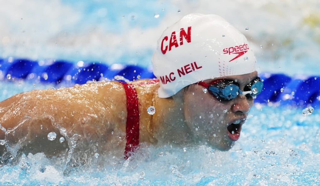 Canada swimmer Margaret MacNeil competes in the women's 100m butterfly final at the Tokyo Aquatics Centre. Photo: DPA