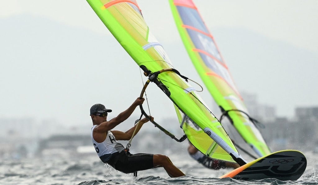 Michael Cheng in the men’s RS:X final day competition. Photo: AFP Michael Cheng in the men’s RS:X final day competition. Photo: AFP
