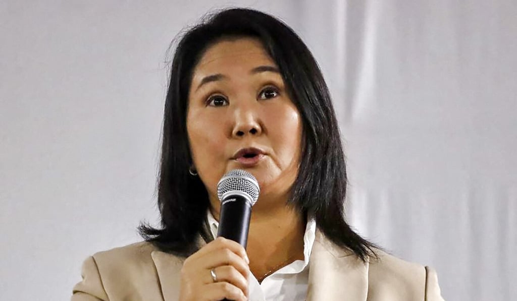 Peruvian right-wing politician Keiko Fujimori speaking to the press at the Fuerza Popular party’s headquarters in Lima on July 19. Photo: Andina via AFP