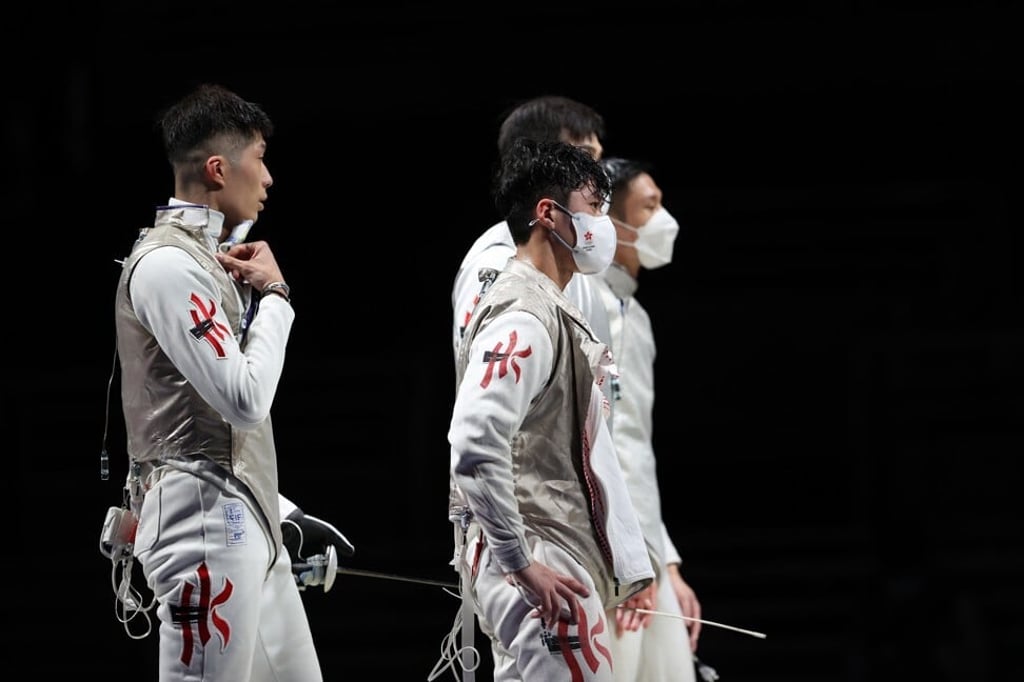 Hong Kong’s fencers are dejected after being dumped out of the team foil event at Tokyo 2020. Photo: Elsa/Getty Images Hong Kong’s fencers are dejected after being dumped out of the team foil event at Tokyo 2020. Photo: Elsa/Getty Images