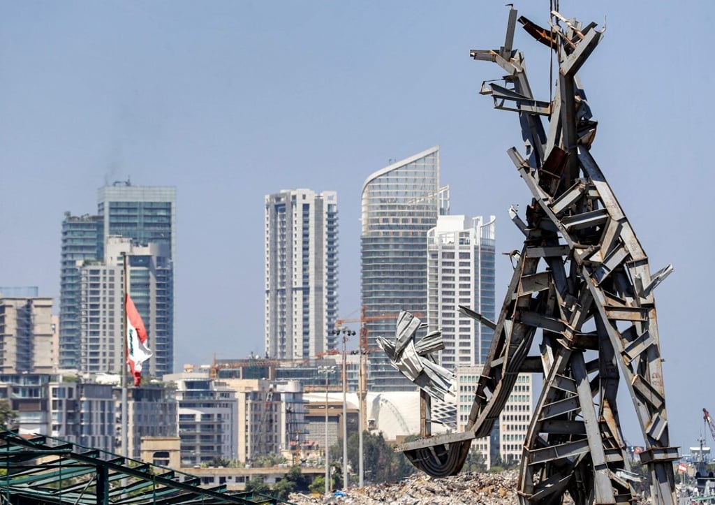 A 25-metre-tall steel sculpture named ‘The Gesture’ by Lebanese artist Nadim Karam in Beirut, Lebanon. Photo: AFP A 25-metre-tall steel sculpture named ‘The Gesture’ by Lebanese artist Nadim Karam in Beirut, Lebanon. Photo: AFP